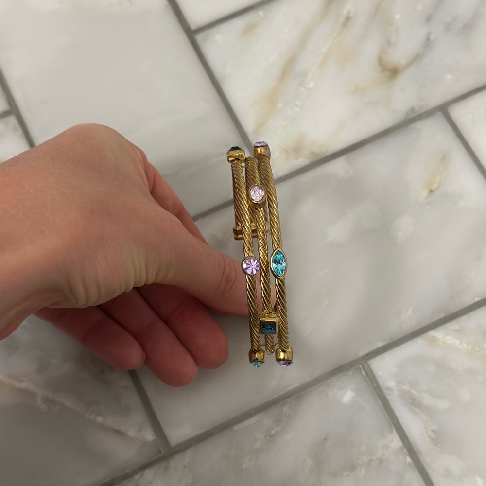 Gold Bangle Bracelet Cuff with Colorful Gemstones